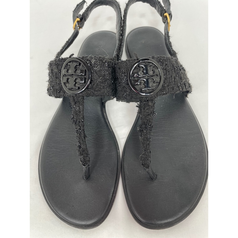Tory Burch Miller Tweed Slingback Sandals Womens 9.5 Black Excellent Thong Flat - Picture 2 of 8